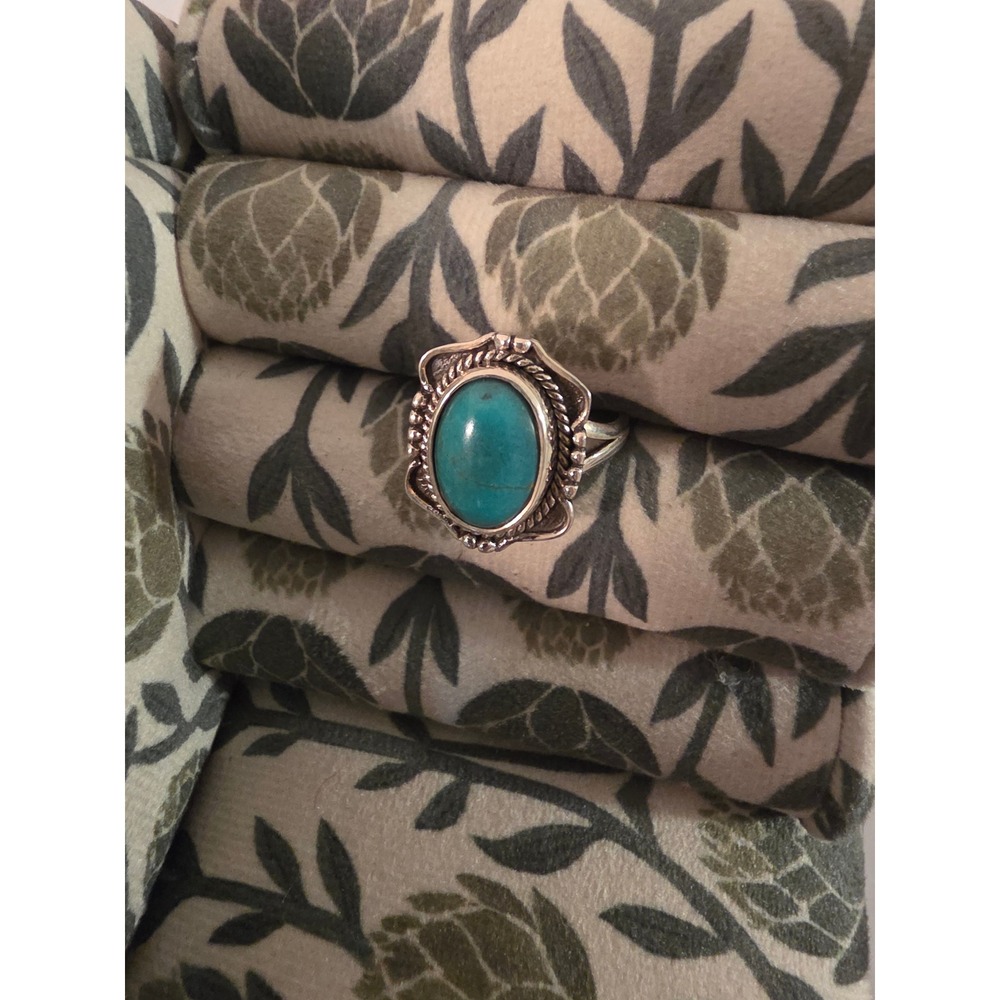 Sterling Silver 925 Turquoise Oval Cabochon Southwestern Rope Detail Ring Size 9
